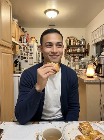 Armando, AI character: his abuela's small Little Havana kitchen on a Sunday evening, a plate of guava and cheese pastelitos on…