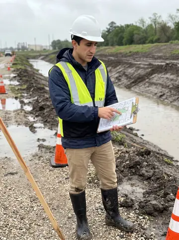 Ulises, AI character: a muddy drainage channel worksite in Houston after rain, orange cones, survey stakes, and standing water…