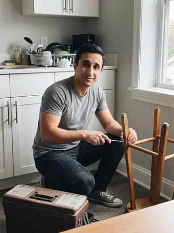 Ulises, AI character: his small apartment kitchen table on a quiet Sunday, the same wobbly wooden stool flipped upside down…