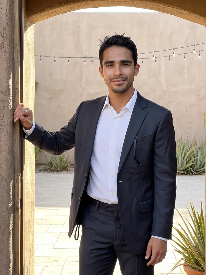 Alejandro, AI character: the arched doorway of a Phoenix wedding venue courtyard after a small late-afternoon ceremony, desert…
