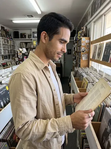 Alejandro, AI character: a small Phoenix record shop aisle with old Mexican bolero records in the bins
