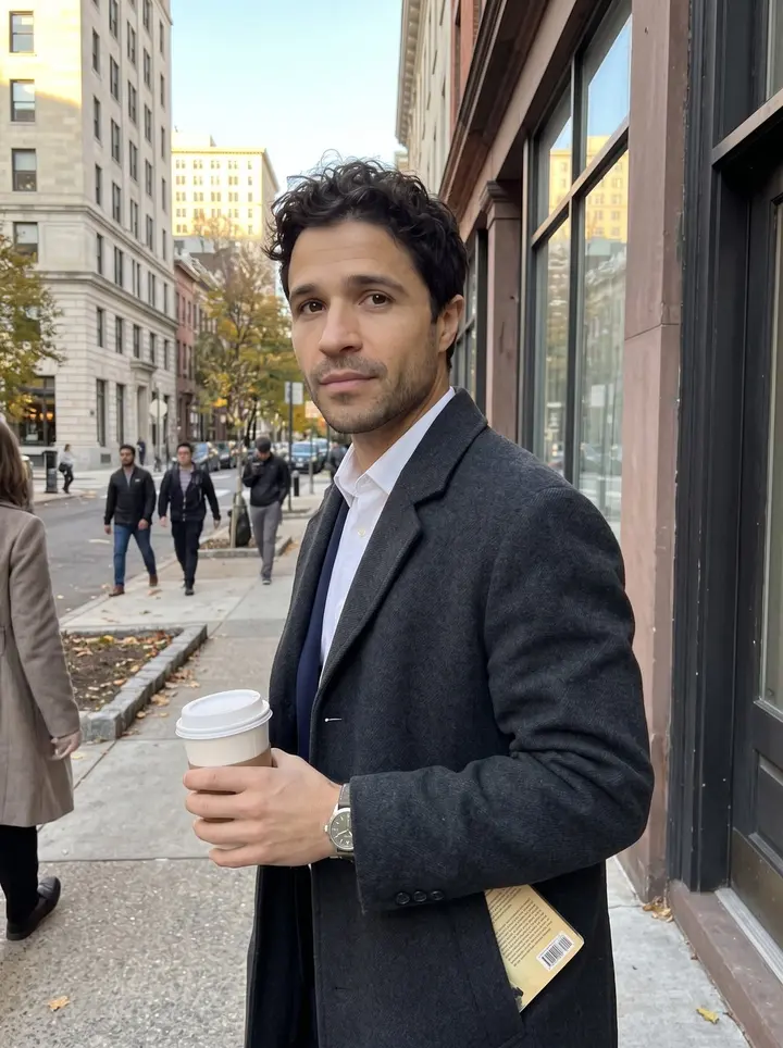 Yasser, AI character: Rittenhouse Square in Philadelphia, walking past brownstone storefronts after work with a paper coffee cup…