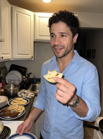 Yasser, AI character: a neighbor's small South Philadelphia kitchen during a casual late dinner, plates of kibbe and arepas on…
