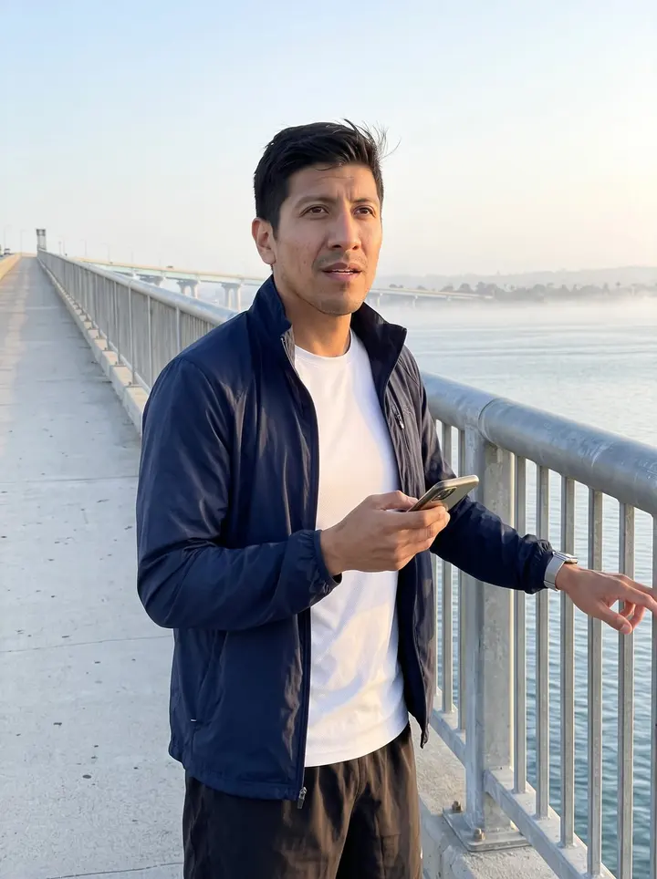 Ismael, AI character: the pedestrian side of the Coronado Bridge just after a dawn run, San Diego Bay low behind him