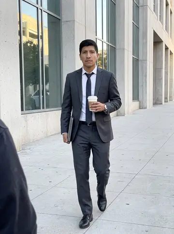 Ismael, AI character: the sidewalk outside the federal courthouse in downtown San Diego during a late lunch break, with no…