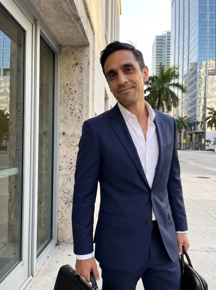 Jhon, AI character: outside a downtown Miami courthouse entrance after work, standing in the doorway with glass towers and…