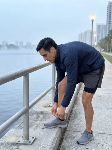 Jhon, AI character: Miami river path before sunrise, beside a damp railing with low fog over the water