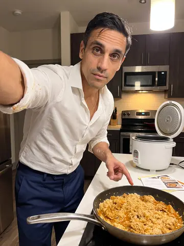 Jhon, AI character: his apartment kitchen in Miami, rice cooker on the counter and a skillet of arroz con pollo halfway finished