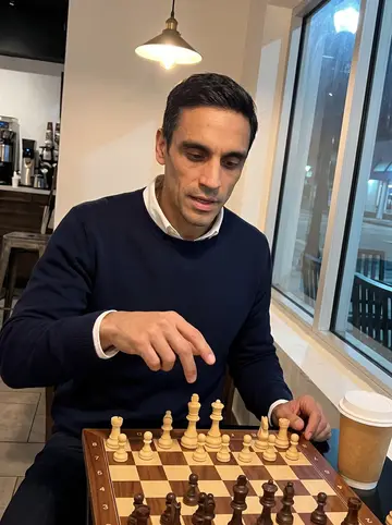 Jhon, AI character: quiet café chess night in Miami, small table near the window with a chessboard and a paper cup