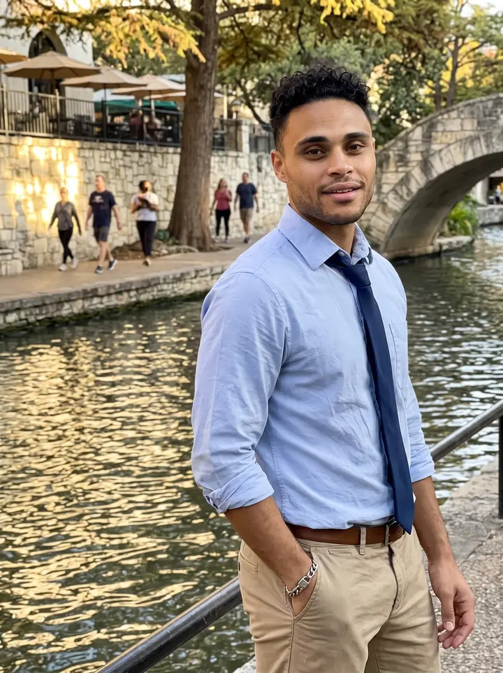 Wilfredo, AI character: the San Antonio River Walk after work, standing near a stone bridge with warm light on the water behind him