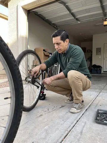 Arturo, AI character: the open garage at his apartment complex in Phoenix, a secondhand bicycle upside down beside a small tool tray
