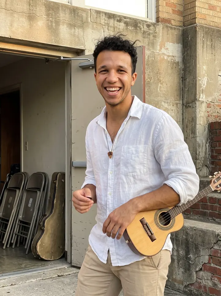 João, AI character: outside the East Austin church basement after samba rehearsal, on the steps with the open door and folding…