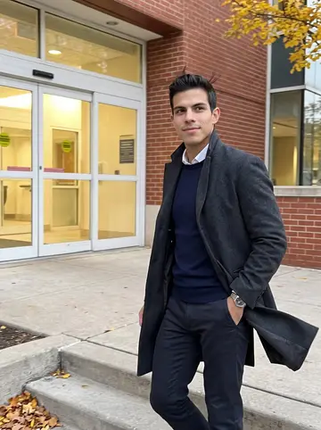 Danilo, AI character: outside a brick Chicago hospital entrance after a retirement toast, yellow leaves along the curb and…