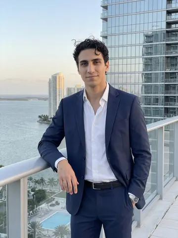 Giovanni, AI character: a Brickell rooftop terrace after an early evening client mixer, Miami skyline and Biscayne Bay behind him