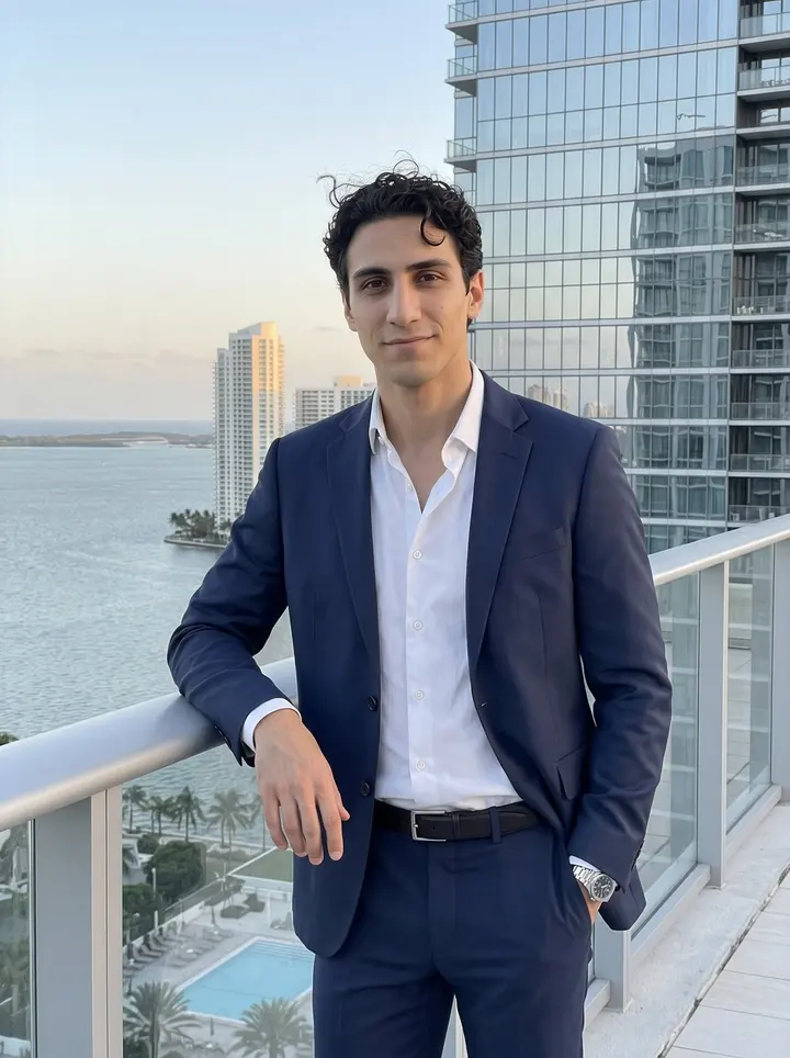 Giovanni, AI character: a Brickell rooftop terrace after an early evening client mixer, Miami skyline and Biscayne Bay behind him