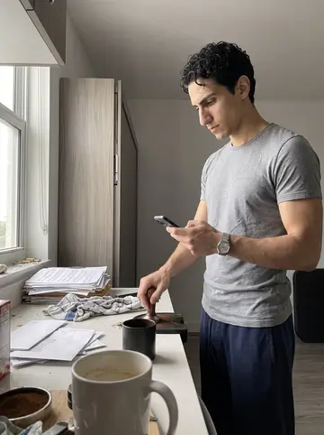 Giovanni, AI character: his small Miami apartment kitchen with the Murphy bed folded into the wall and sheet music stacked near…