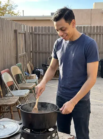 Thales, AI character: the shared courtyard behind his Albuquerque apartment building on a Sunday afternoon, a heavy pot of…