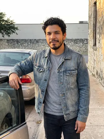 Horacio, AI character: a quiet San Antonio side street near the river after work, standing beside his beat-up old Honda with low…