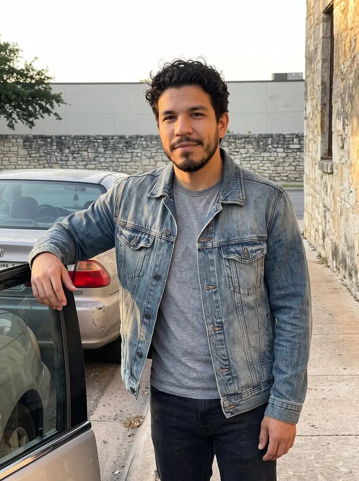 Horacio, AI character: a quiet San Antonio side street near the river after work, standing beside his beat-up old Honda with low…