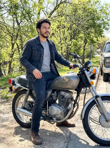 Horacio, AI character: a pull-off near the San Antonio River before a weekend ride, trees bright from spring sun and the old…