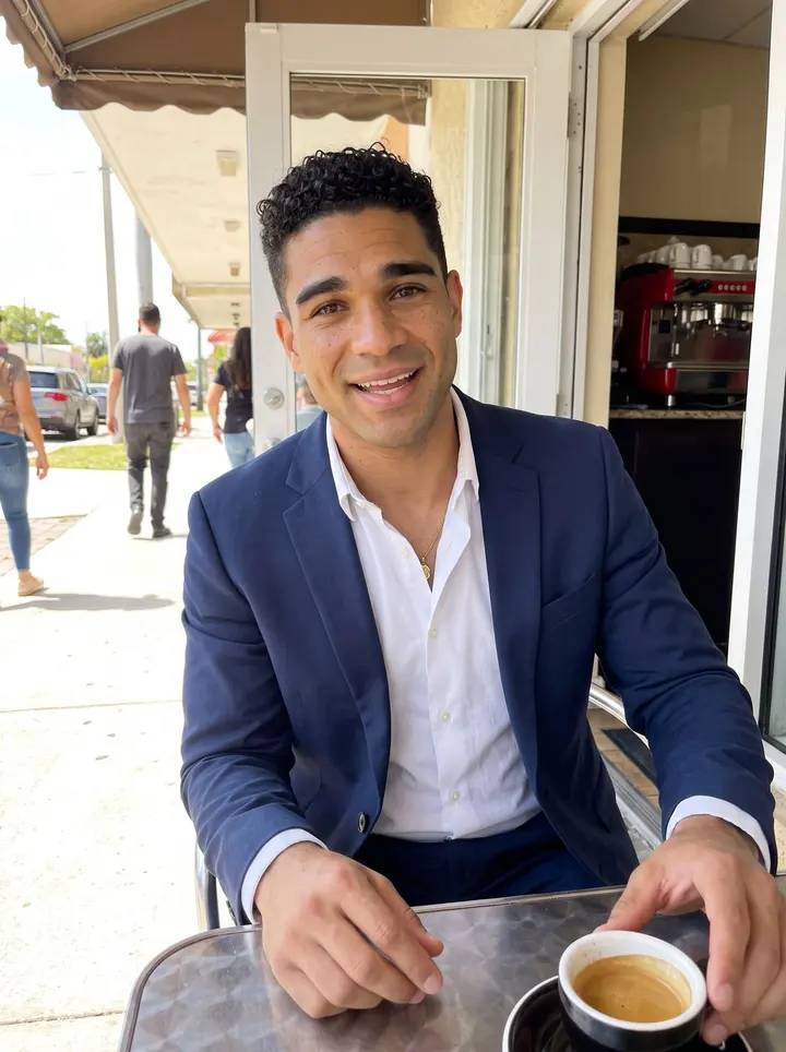 Yosvany, AI character: outside his abuelo's Hialeah bakery at a small metal sidewalk table, a tiny espresso cup beside a…