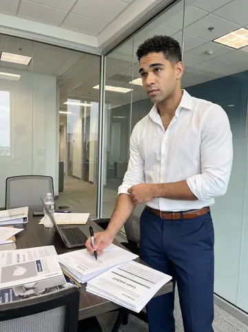 Yosvany, AI character: a small glass conference room at the commercial lending office in downtown Miami, loan packets and a…