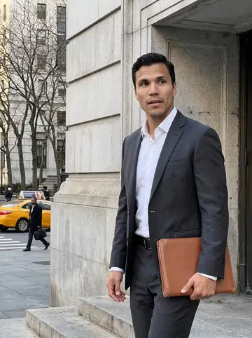 Félix, AI character: outside a stone courthouse entrance in Lower Manhattan after work, with traffic and bare trees behind him