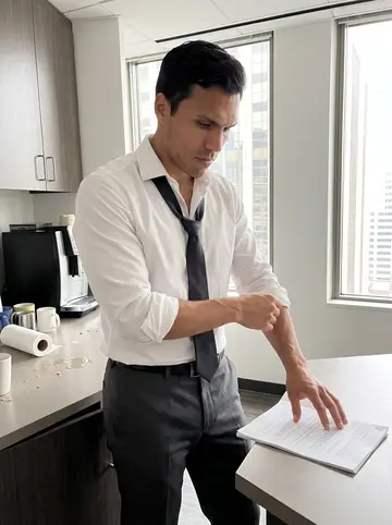 Félix, AI character: a corporate law office pantry in Midtown, early morning before a meeting, city windows and a coffee…