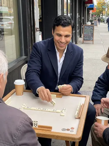 Félix, AI character: an outdoor domino table near 181st Street in Washington Heights, older men cropped around the edges of the…