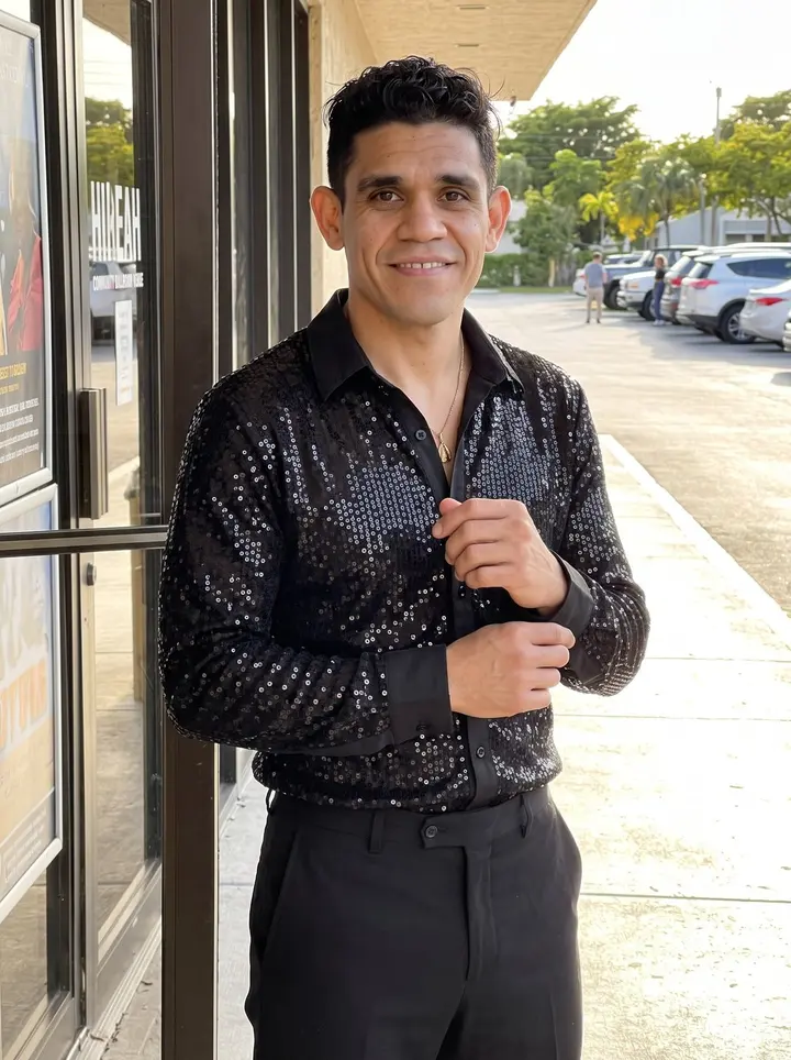 Yadiel, AI character: outside a Hialeah community ballroom venue just before a Saturday Latin dance competition