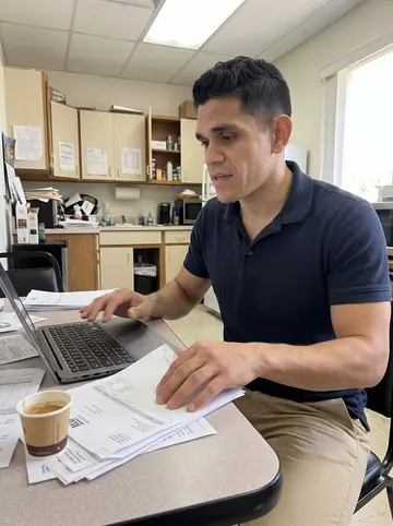 Yadiel, AI character: break room at his Hialeah accounts payable office, with a laptop, paper invoices, and a half-finished…