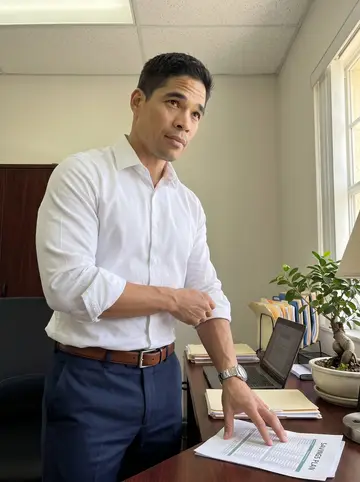 Yordan, AI character: his small office desk in Hialeah, a stubborn bonsai in a ceramic pot beside a laptop and stacked folders