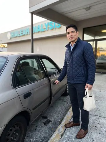 Yordan, AI character: early morning outside a dialysis clinic in Hialeah, his older sedan parked by the entrance canopy