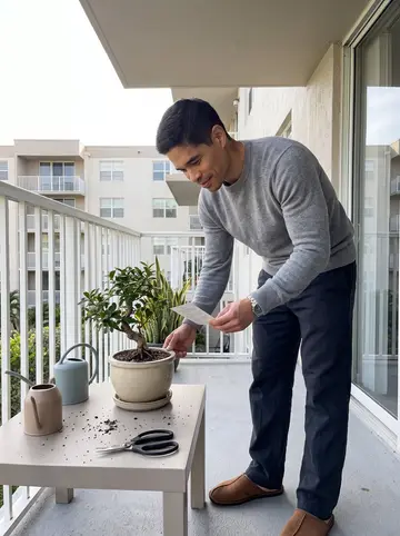 Yordan, AI character: his apartment balcony in Hialeah, the inherited bonsai on a low table with pruning scissors and a small…