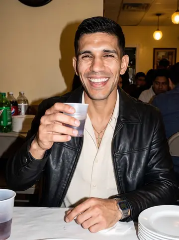 Brayan, AI character: a crowded Queens family birthday dinner in the back room of a Colombian restaurant, white plates and soda…