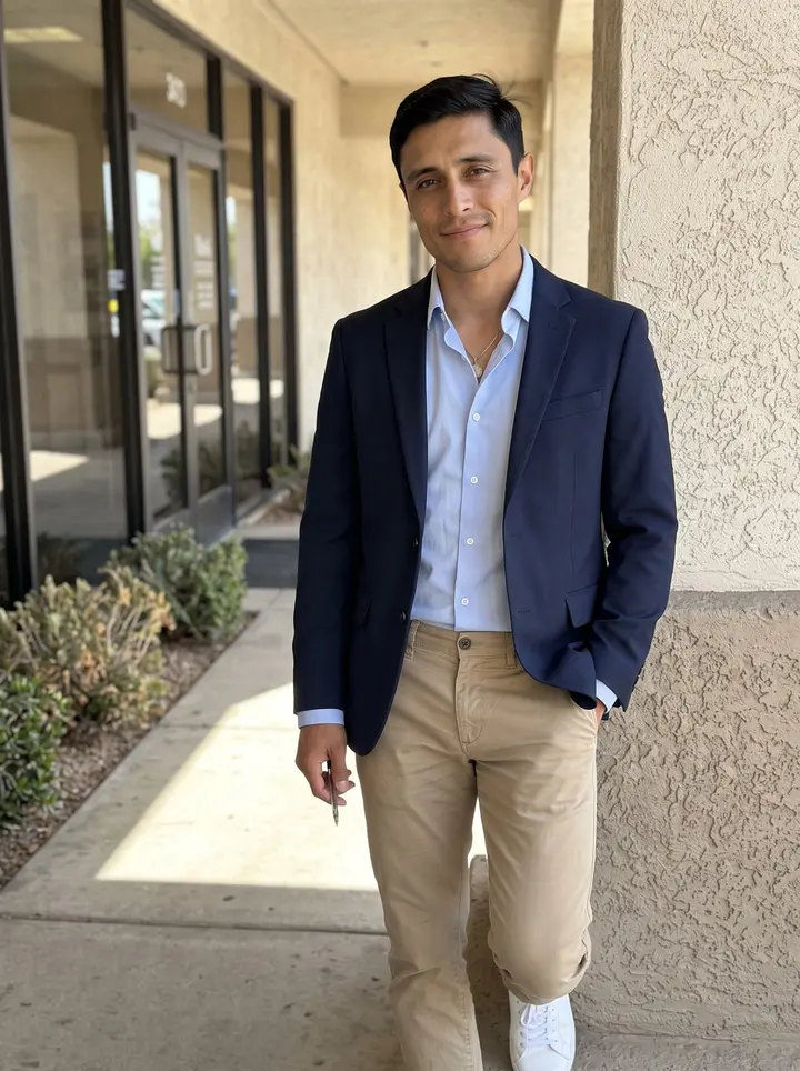 Héctor, AI character: outside a regional bank branch in El Paso during his lunch break, near the glass doors and desert landscaping