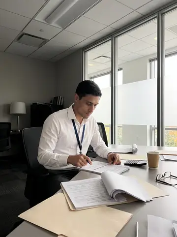 Héctor, AI character: small conference room at the bank after closing, loan folders and a calculator spread across the table