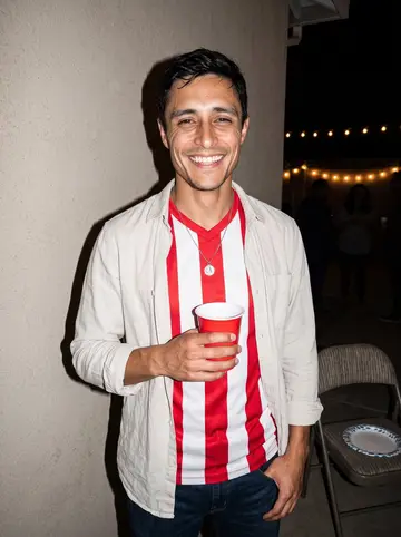Héctor, AI character: crowded El Paso backyard watch party after a Chivas match, folding chairs and paper plates behind him