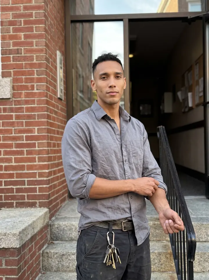 Yandel, AI character: outside a brick apartment building in Providence, beside the front steps after a maintenance call, late…