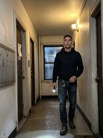 Yandel, AI character: third-floor hallway of the apartment building near midnight, rain streaking the window at the far end