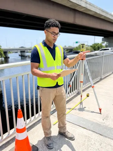 Raydel, AI character: a bridge inspection walkway near the Hillsborough River, survey tripod and traffic cones nearby