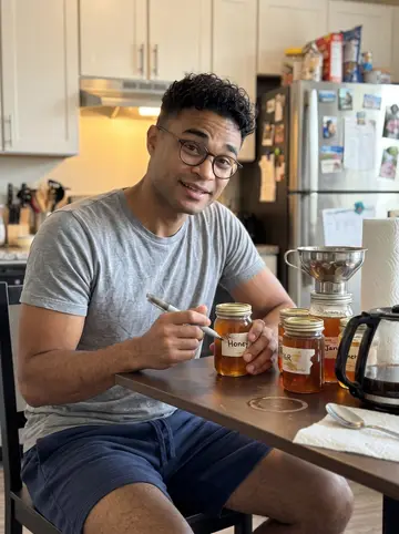 Raydel, AI character: his small Tampa apartment kitchen table covered with honey jars, paper labels, a metal funnel and a pot of…