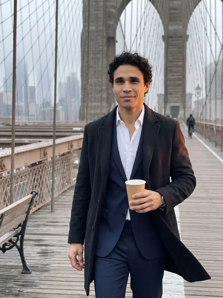 Vinícius, AI character: Brooklyn Bridge pedestrian path just after dawn, lower Manhattan soft in the fog behind him