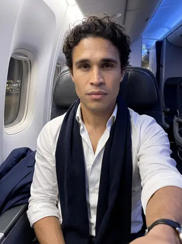 Vinícius, AI character: business-class seat on a late flight out of JFK, cabin wall and dim aisle lights behind him