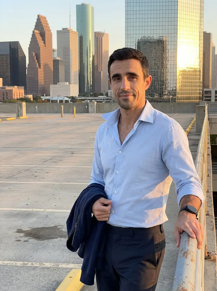 Ruaridh, AI character: a downtown Houston parking garage roof after work, skyline and warm concrete behind him