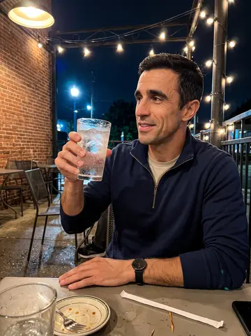 Ruaridh, AI character: a small Houston patio bar after a late hospital meeting, string lights and damp pavement in the background