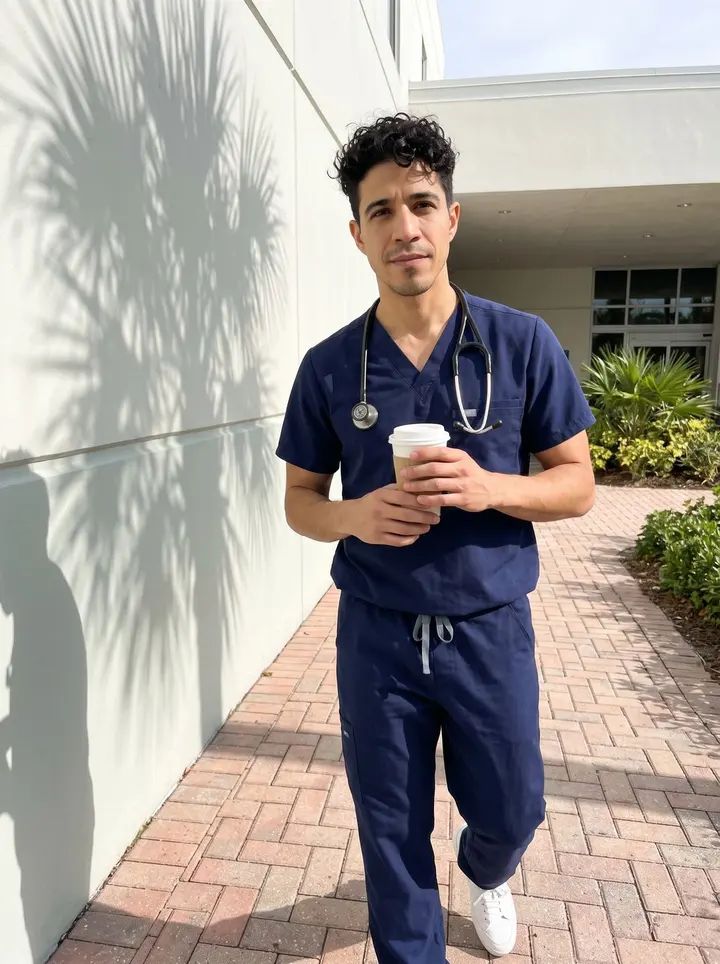 Ruairí, AI character: outside a Miami hospital courtyard in the bright morning, palm shadows on the walkway after an overnight shift