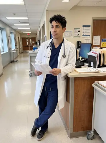 Ruairí, AI character: a cardiology floor hallway near the nurses station, rolling carts and monitors in the background