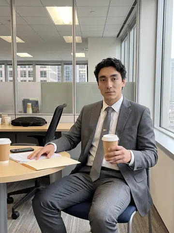 Dominik, AI character: break area of a downtown Chicago finance office, paper cups and a laptop bag on the small table
