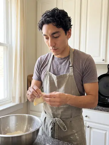 Dominik, AI character: his grandmother's Chicago kitchen while making pierogi with carnitas, mixing bowls and a cast-iron pan on…